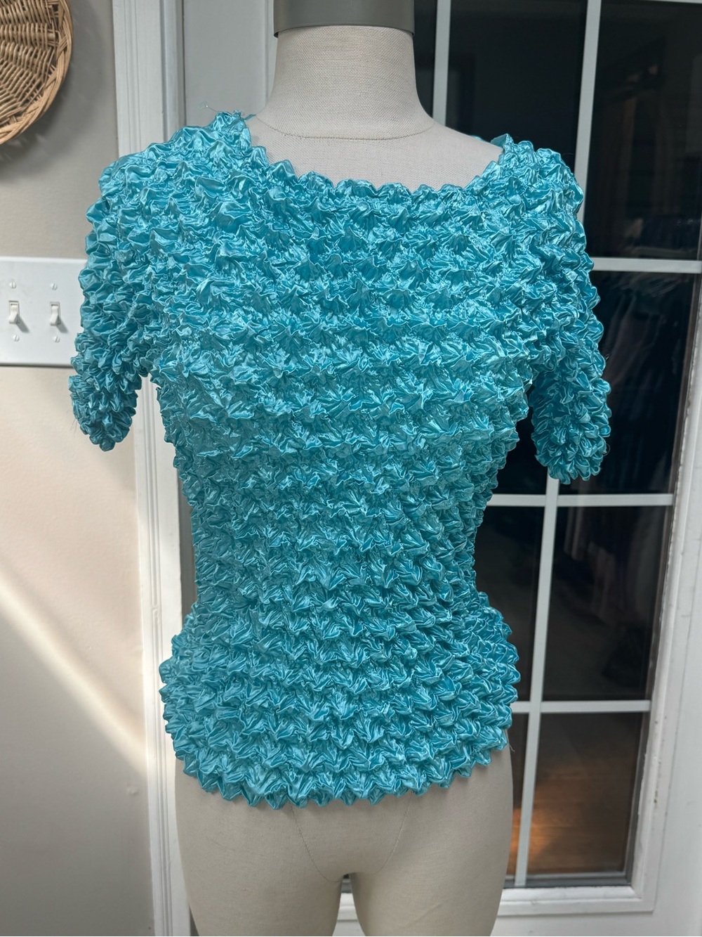 Vintage F.C. Blue Popcorn Shirt Bubble Crinkle Spiky Texture Top OS